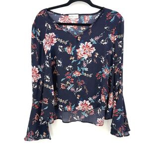 Go Fish Boutique Floral Bell Sleeve XS Navy Blue Sheer Boho Chic Festival Top